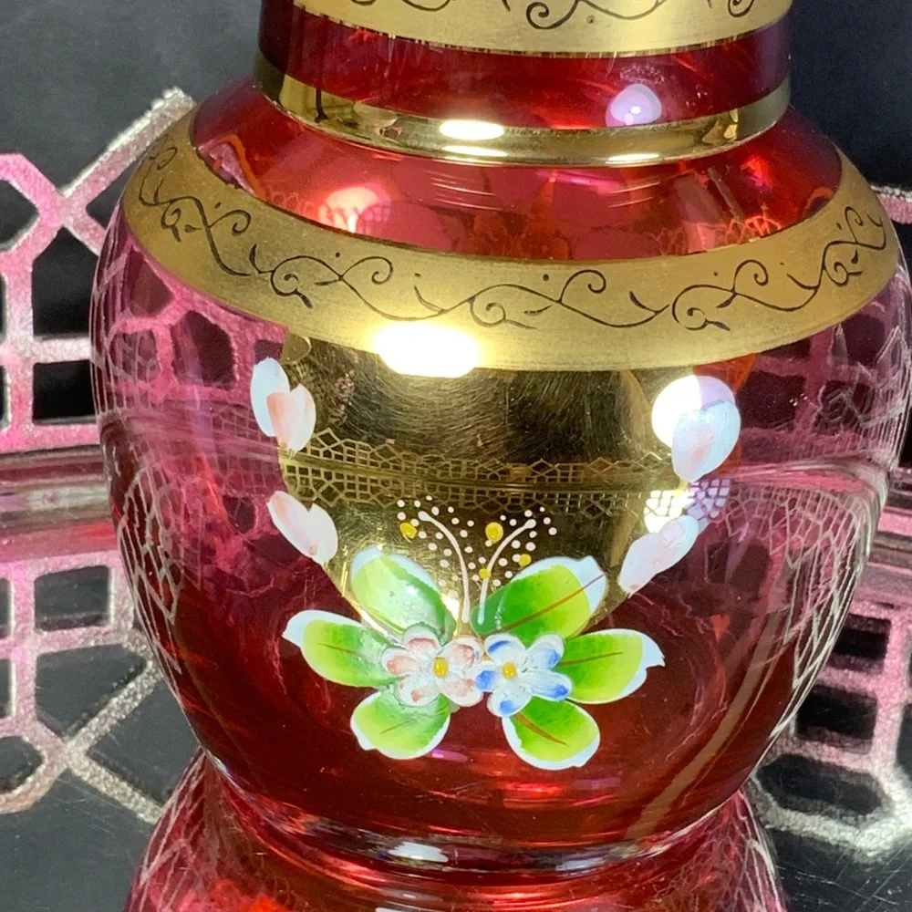 Czech Cranberry Tumble Up Bohemia Gold Guilt Applied Flowers Water Set #N1 - Picture 2 of 9